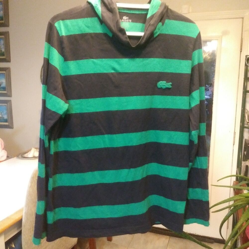 Vintage 90s Y2K Lacoste hoodie Striped Long Sleeve Polo Shirt US Medium Preppy
